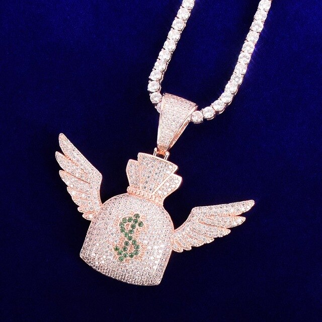 Money Flying To Me Dollar Sign Wings Money Bag Gold Silver Rose Gold Hip Hop Pendant
