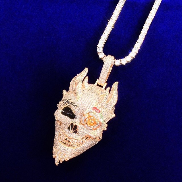 Rose Eye Demon | 18k Yellow 14k White Gold Multi Horned Iced Demon Skull Pendant