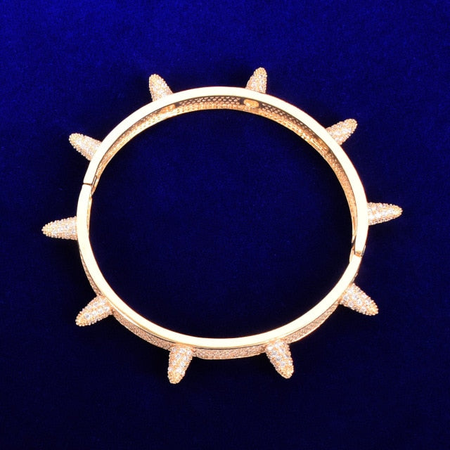 Micro Paved AAA Simulated Diamond Stone Rivet Spike Open Cuff Bangle Bracelet