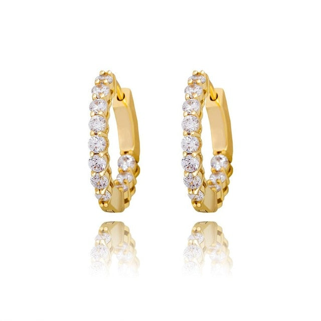 Women's Gold Silver Rose Gold All Ice Small Round Hoop Bling Earrings