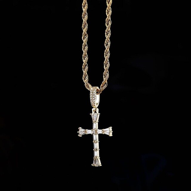 14k Silver Rose Gold All Ice Baguette Center Stone Hip Hop Cross Pendant Chain Necklace