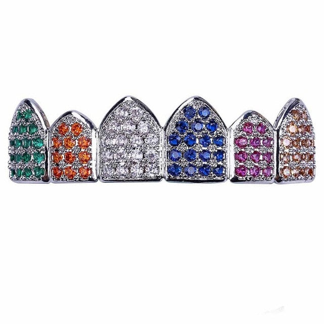 14k Gold 925 Silver Multi Color Rainbow Iced Prong Set Bling Bling Teeth Grillz