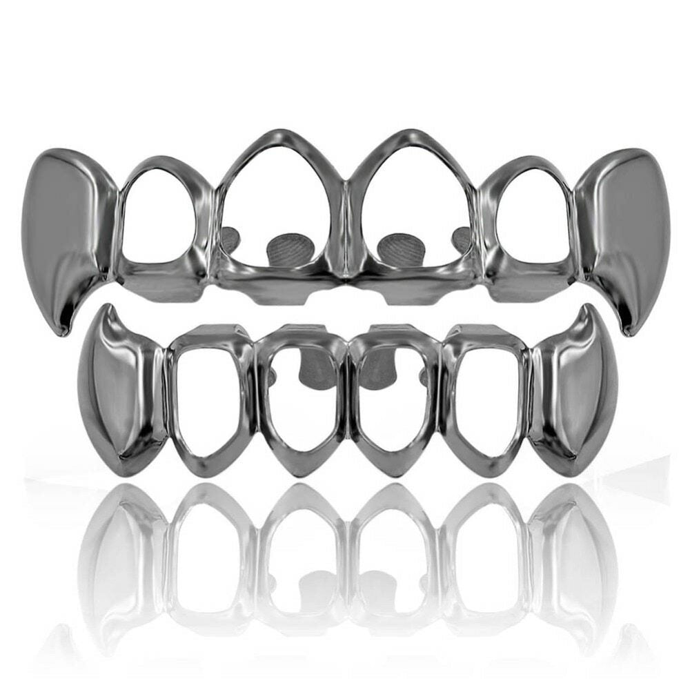 Gold Silver Rose Gold Black Hematite Hip Hop Teeth Fang Hollow Vamp Grill Top & Bottom Set
