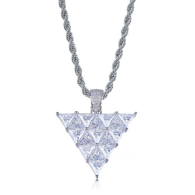 Flooded Ice Princess Cut Inverted Triangle All Iced Pendant Chain Necklace