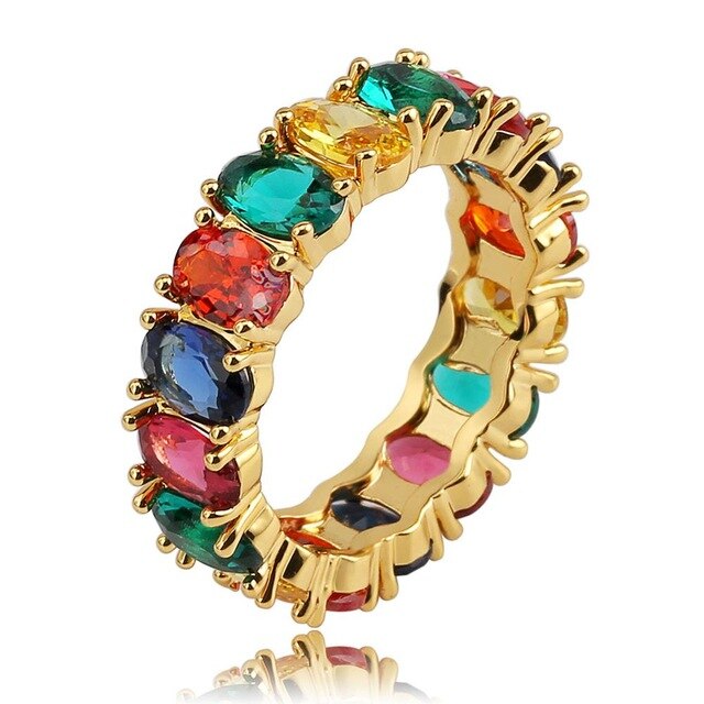 1 Row Colorful Rainbow Solitaire Band 14k gold 925 Silver Oval Stone Rings