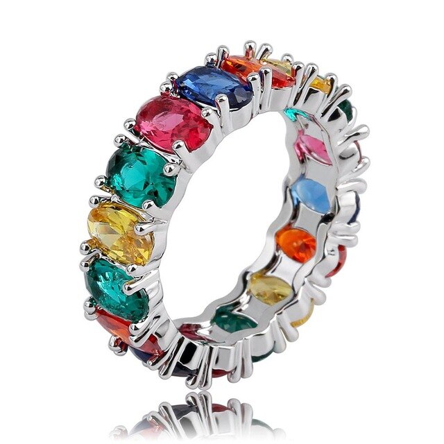 1 Row Colorful Rainbow Solitaire Band 14k gold 925 Silver Oval Stone Rings