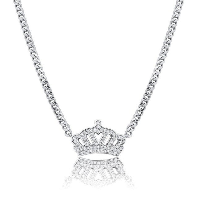 Ladies Flooded Ice Queens Crown Micro Pave Hip Hop Pendant Chain Necklace