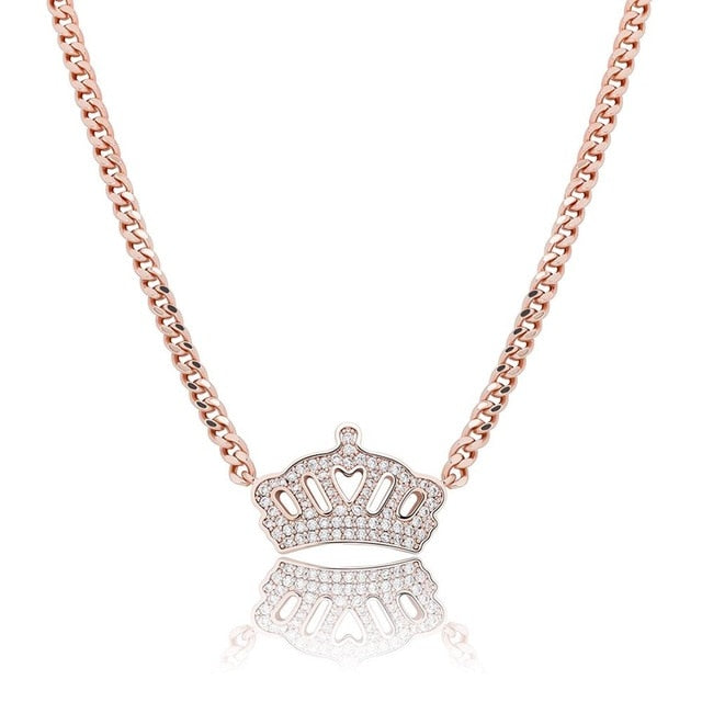 Ladies Flooded Ice Queens Crown Micro Pave Hip Hop Pendant Chain Necklace
