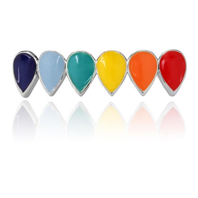 Hip Hop Rainbow Tear Drops 14k Gold .925 Silver  Grillz Top Bottom Teeth Grill Set