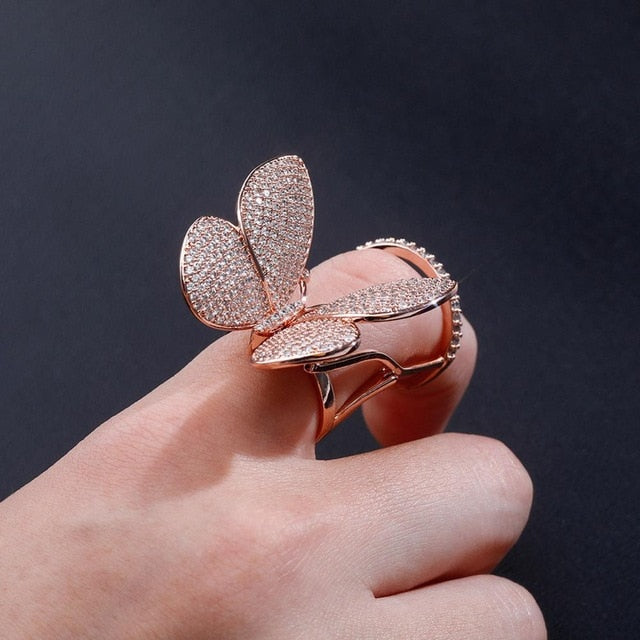 18k 925 Silver Rose Gold Ladies AAA True Micro Pave 3D Butterfly Hip Fashion Ring