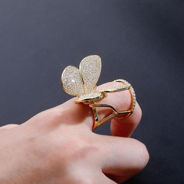 18k 925 Silver Rose Gold Ladies AAA True Micro Pave 3D Butterfly Hip Fashion Ring