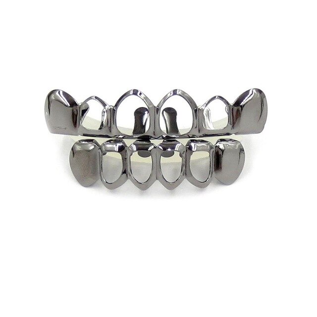 14k Silver Rose Gold Black Hematite Open Face Hip Hop Full mouth Grillz Teeth Gills Set