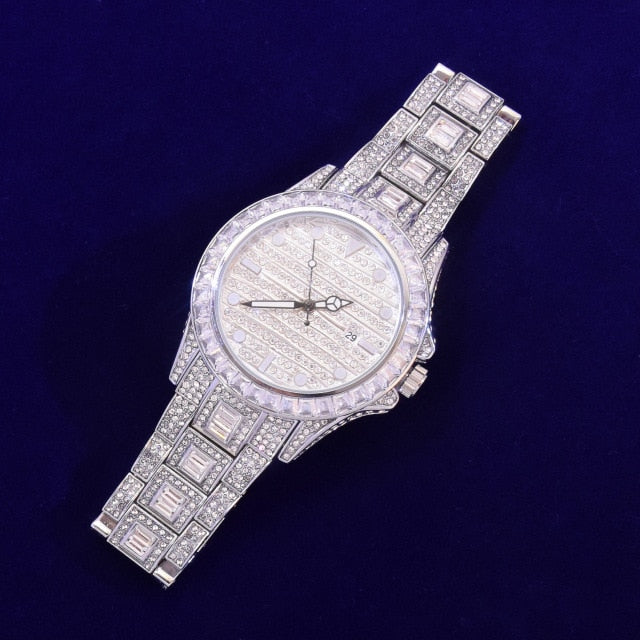 Mens Flooded Iced Baguette Bezel Big Business Hip Hop Wrist Watch