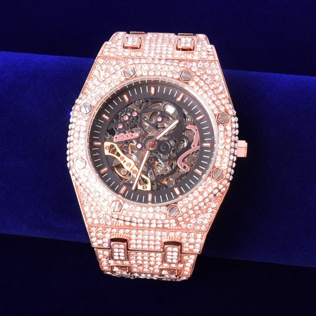 18k .925 Silver Rose Gold Men's Mechanical Dial Luxury Fully Iced Wrist Watch