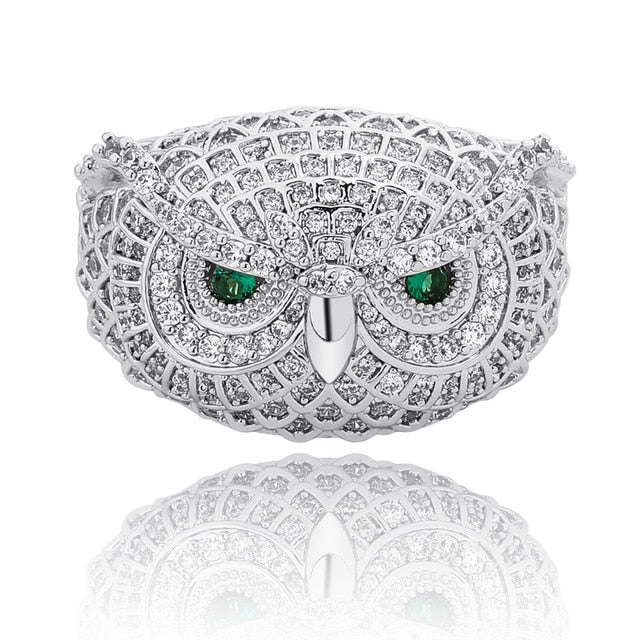 Flooded Ice 14k Gold 925 Silver Detailed Green Eyes Big Boy Owl Hip Hop Ring