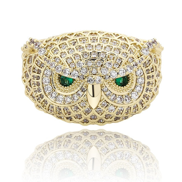 Flooded Ice 14k Gold 925 Silver Detailed Green Eyes Big Boy Owl Hip Hop Ring