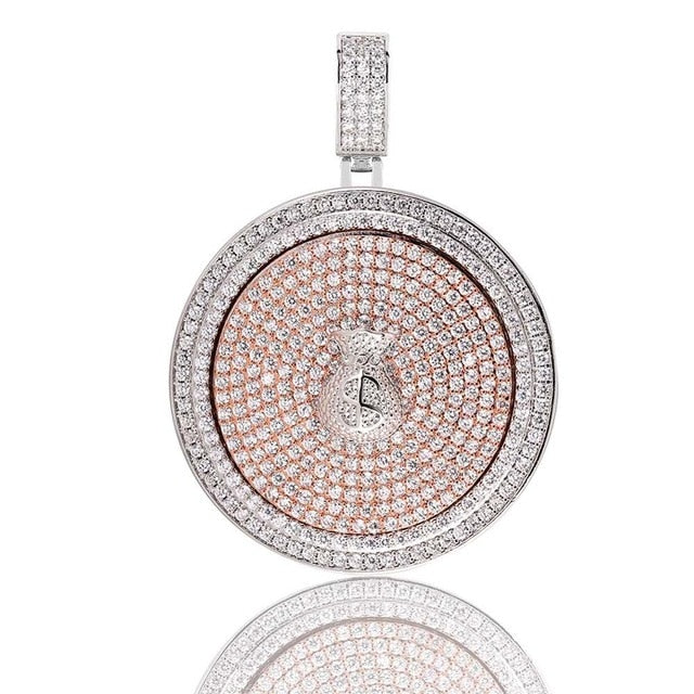 14k Gold 925 Silver Flooded Ice True Micro Pave Moveable Money Bag Hip Hop Pendant