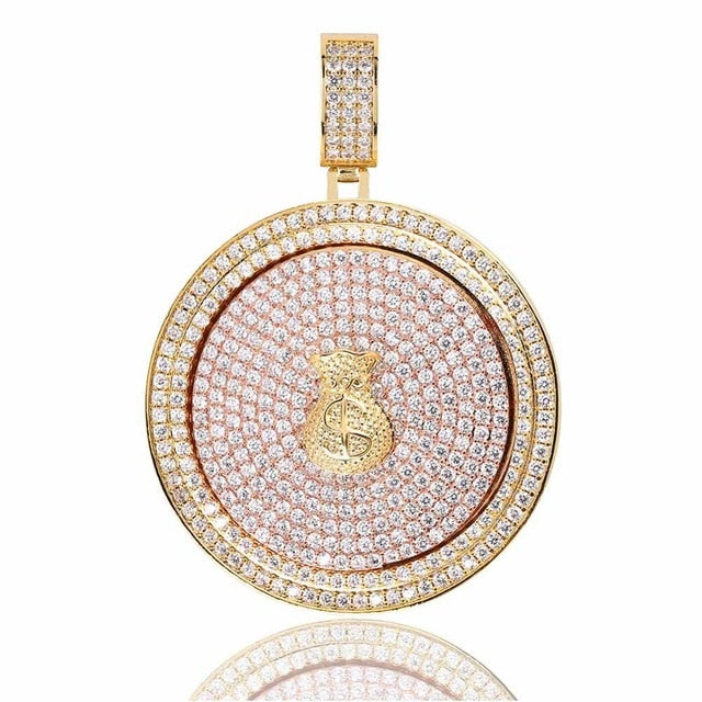 14k Gold 925 Silver Flooded Ice True Micro Pave Moveable Money Bag Hip Hop Pendant