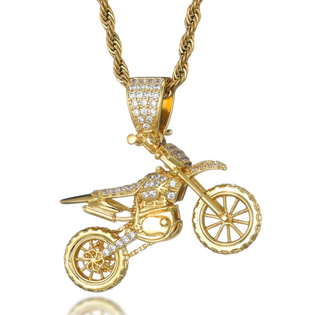 Hip Hop AAA Micro Pave Biker Boy Motorcycle 14k Gold 925 Silver Iced Bling Pendant Chain Necklace