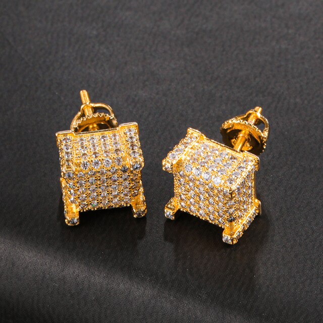9mm Bling Flooded Ice Micro Full Pave AAA Stone Square Block Boy Hip Hop Earrings