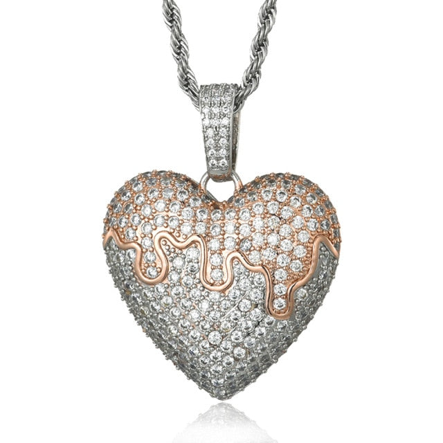 Flooded Ice Covered Heart Solid Back Hip Hop Pendant Chain Necklace