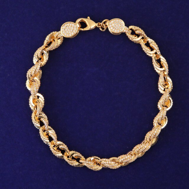 24k Gold 925 Silver 9mm Flooded Ice AAA Stone Rope Link Hip Hop Bracelet