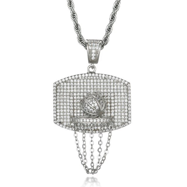 Iced Full Micro Pave Basketball Hoop Backboard Nets Hip Hop Pendant Chain Necklace