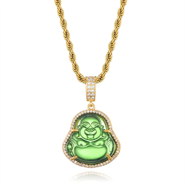 14k Gold Stainless Steel Hip Hop 8 Colors Flooded Ice Buddha Pendant Chain Necklace