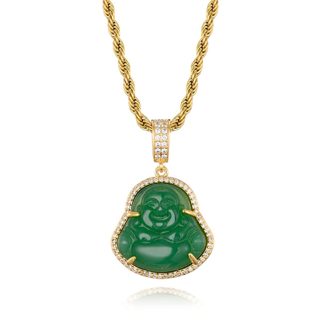 14k Gold Stainless Steel Hip Hop 8 Colors Flooded Ice Buddha Pendant Chain Necklace