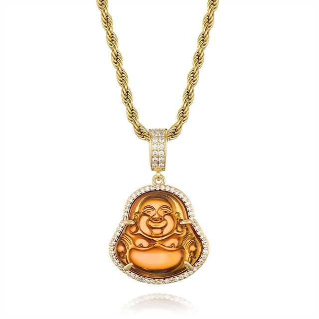 14k Gold Stainless Steel Hip Hop 8 Colors Flooded Ice Buddha Pendant Chain Necklace