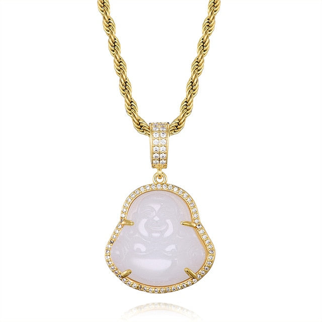 14k Gold Stainless Steel Hip Hop 8 Colors Flooded Ice Buddha Pendant Chain Necklace
