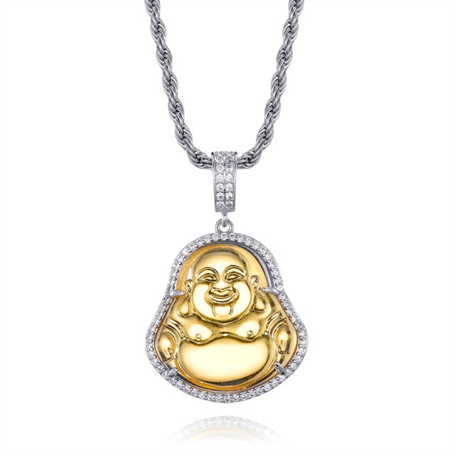 14k Gold Stainless Steel Hip Hop 8 Colors Flooded Ice Buddha Pendant Chain Necklace