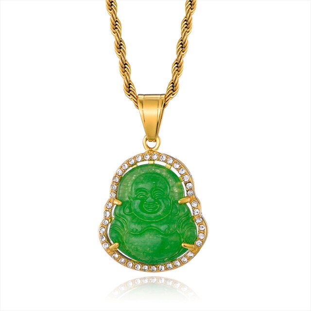 14k Gold over Titanium Steel Buddha Simulate Diamond Bling Pendant Chain Necklace
