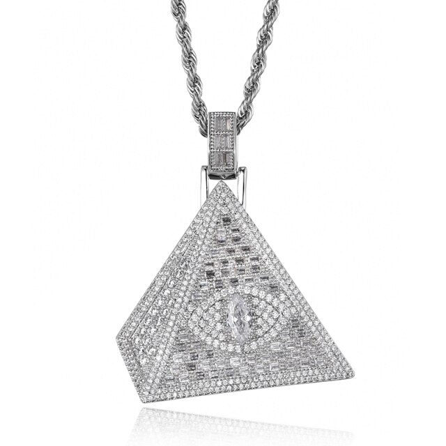 Flooded Ice All Seeing Eye Hip Hop AAA Simulate Diamond Pyramid Bling Pendant