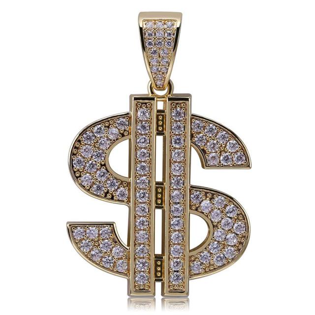 Flooded Ice Solid Dollar Sign 14k Gold 925 Silver Hip Hop Pendant