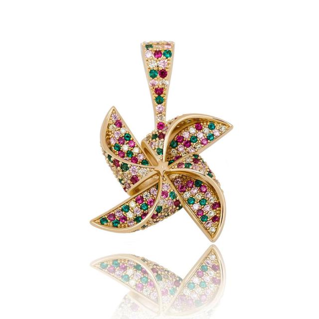 Flooded Ice 14k Gold Silver Rose Gold Rotatable Windmill Hip Hop Pendant Chain Necklace