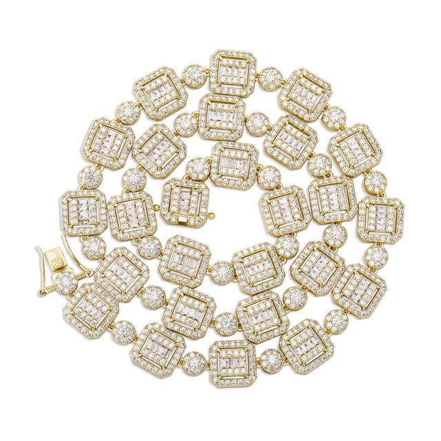 12mm Square Cut Center Stone Baguette High quality AAA Stone Hip Hop Chain Necklace