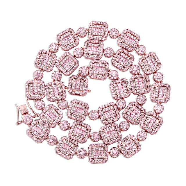 12mm Square Cut Center Stone Baguette High quality AAA Stone Hip Hop Chain Necklace