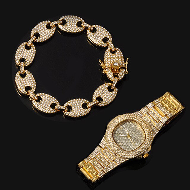 Flooded Ice Coffee Bean Hip Hop 14k Gold 925 Silver Watch Chain Bracelet Combo Set