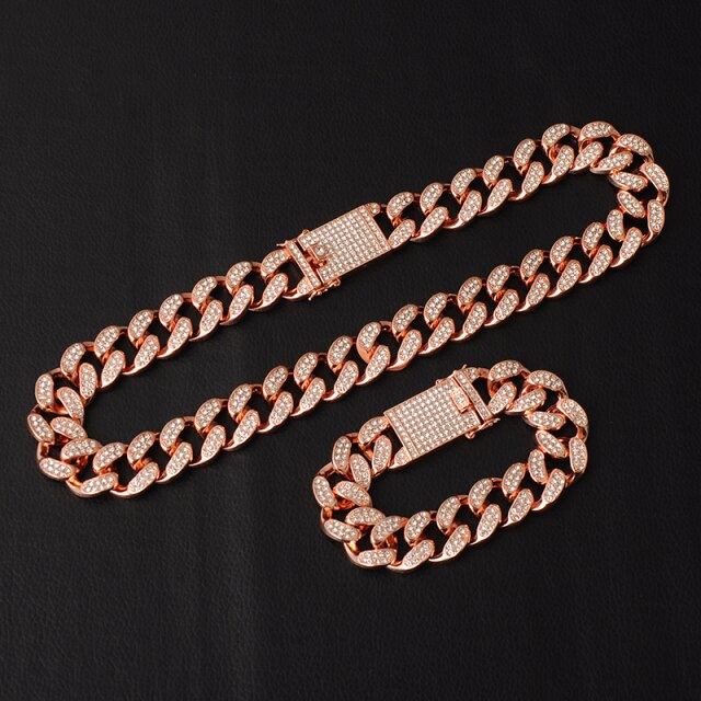 14k Rose Gold 925 Silver Big Boy 20mm Cuban Link Bracelet Watch Chain Necklace Combo Set