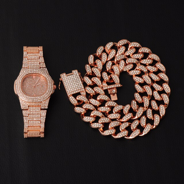 14k Rose Gold 925 Silver Big Boy 20mm Cuban Link Bracelet Watch Chain Necklace Combo Set
