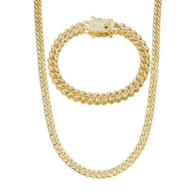 Fire Starter | Hip Hop 13mm Fully Iced Paved Miami Cuban Link Chain Bracelet Set