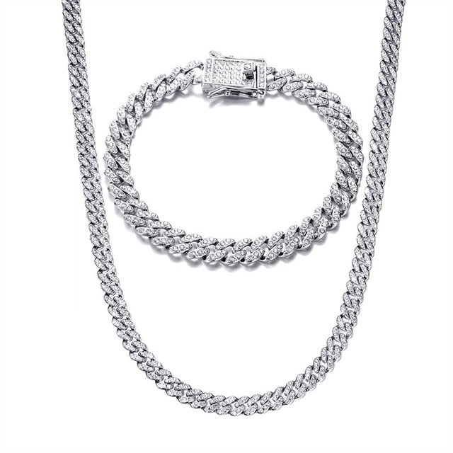 Fire Starter | Hip Hop 13mm Fully Iced Paved Miami Cuban Link Chain Bracelet Set