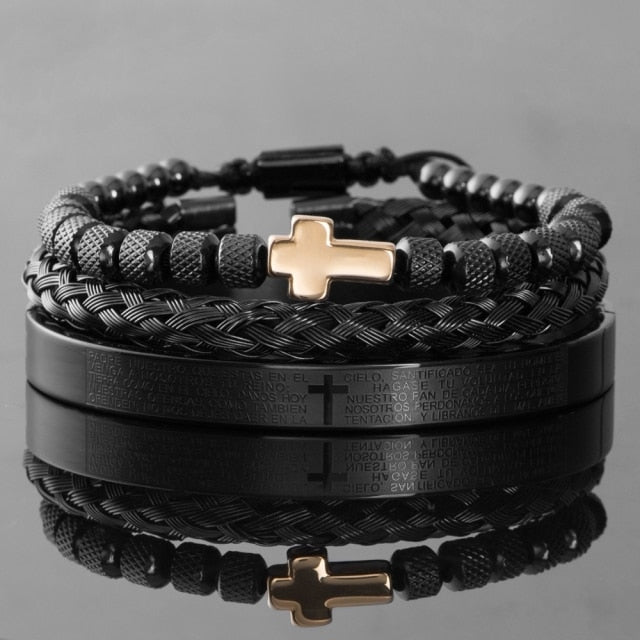 Mens Luxury 14k Gold Stainless Spanish Prayer Cross Hip Hop Beads Bracelet Set