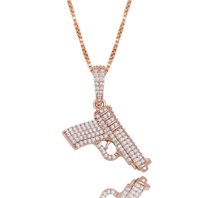Ride or Die Hip Hop 925 Sterling Silver Rose Gold 14k Hip Hop Gun 380 Pistol Bling Pendant
