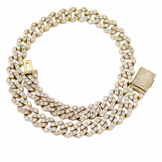 Mens 3 Row Ice AAA+ Water Stone Prong Set 12mm Open cut Cuban Link Chains Necklace