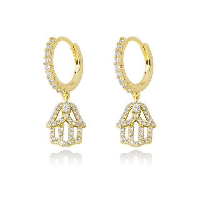 14k Rose Gold 925 Silver Hamsa Hand Street Wear Hip Hop Huggie Hoop Style Earrings