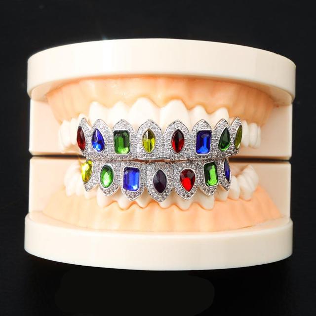 BLINGJEWELZ Crown Jewelz Flooded Ice Kings Grillz Hip Hop Mens Colorful Candy Mouth Teeth Grillz Set