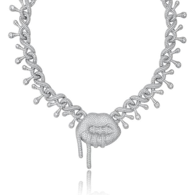 Flooded Ice All Drip Drop Drooling Lips Hip Hip 14k White Yellow Rose Gold Bling Chain Necklaces