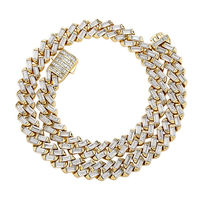 Channel Set 12MM All Baguette Cuban Link Hip Hop White Yellow Gold Bling Chain Necklace